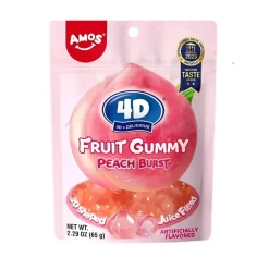 Caramelle Gommose E Morbide-Amos 4D Fruit Gummy Peach Burst, caramelle gommose ripiene al gusto di pesca da 65g