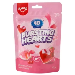 Caramelle Gommose E Morbide-Amos 4D Gummy Bursting Hearts, caramelle gommose ripiene al gusto di fragola e ciliegia da 65g