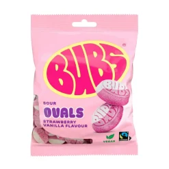 Caramelle Gommose E Morbide-BUBS GODIS Bubs Sour Ovals Strawberry Vanilla, caramelle gommose aspre al gusto di fragola e vaniglia da 90g
